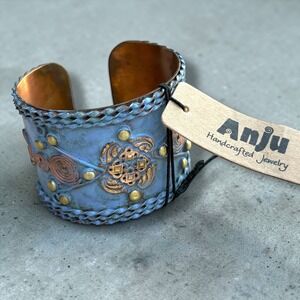 Anju Handcrafted Mixed Metal Patina Copper Cuff Bracelet BP308 Blue Boho Wide